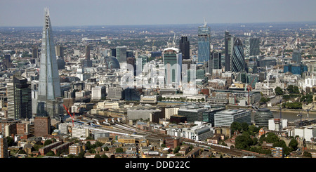 aerial view of the London skyline with the Shard, Walkie Talkie Building, Gherkin and City of London, business area Stock Photo