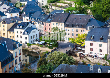 View over the bridge across the River Alzette in the Grund district of Luxembourg City. Stock Photo
