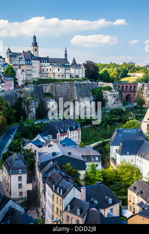 View towards the medieval Ville Haute and over the Ville Basse or Grund district of Luxembourg City. Stock Photo