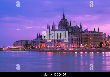 Side view of the beautiful historic Hungarian parliament building at early dawn Stock Photo
