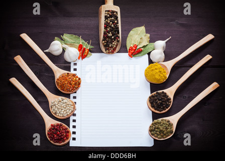 Various exotic spices in spoons on a wooden plate and blank white paper for recipes Stock Photo
