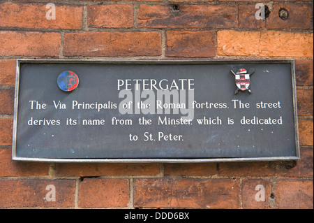Heritage plaque for Petergate on wall in the city centre of York North Yorkshire England UK Stock Photo