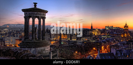 Panoramic wide view over Edinburgh city centre , capital of Scotland at Sunset, from Calton Hill Stock Photo
