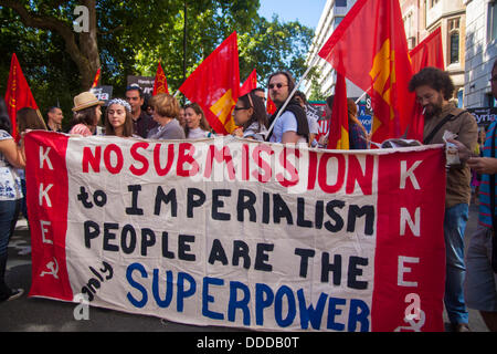 London, UK. 31st Aug, 2013.  Demonstrators prepare to march as thousands march against US and other western countries using military intervention in the Syrian conflict following 'red line' chemical attacks on civilians. Credit:  Paul Davey/Alamy Live News Stock Photo