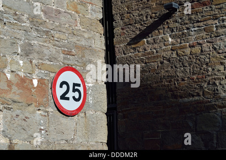 25 Mph speed restriction sign on a brick wall Stock Photo