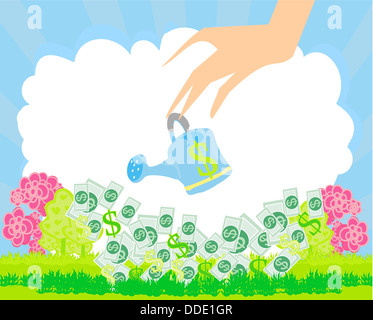 Human hand with a pot watering growing money Stock Photo