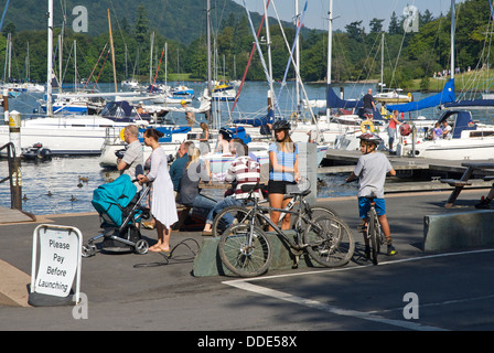 Busy scene at Ferry Nab, Lake Windermere, Bowness, Lake District National Park, Cumbria, England UK Stock Photo