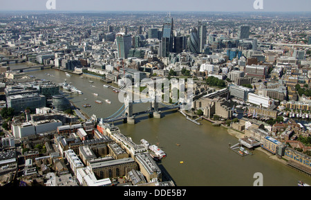 aerial view of The River Thames, Tower Bridge and City of London business area Stock Photo
