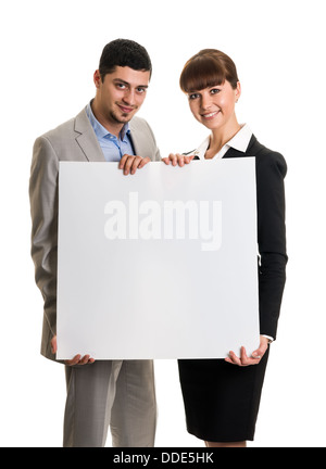 Business team couple holding blank poster Stock Photo