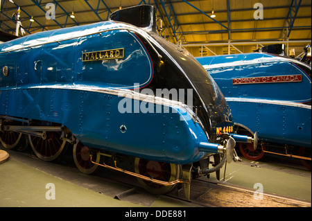 Mallard and Dominion of Canada steam trains on display at National Railway Museum in the city of York North Yorkshire England UK Stock Photo