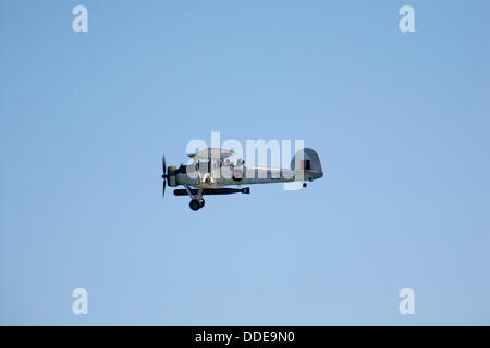 Fairey Swordfish torpedo bomber biplane flies overhead at the Bournemouth Air Festival Stock Photo