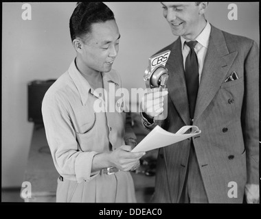 Poston, Arizona. Key Nishimura with announcer Chet Huntley of CBS in a nationwide broadcast at this . . . 536281 Stock Photo
