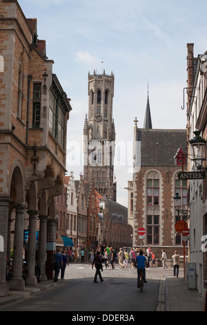 Picturesque street in Brugge with the Holy Blood Basilica (Heilig Bloedbasiliek) in the background Stock Photo