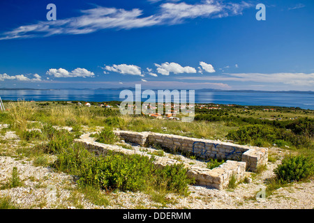 Island of Vir church on the hill ruins, with Adriatic sea landscape view Stock Photo