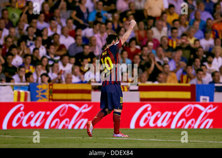 Valencia, Spain. 01st Sep, 2013. Forward Lionel Messi of FC Barcelona celebrates after scoring the second goal for his team during the Spanish La Liga game between Valencia and Barcelona from the Mestalla Stadium. Credit:  Action Plus Sports/Alamy Live News Stock Photo