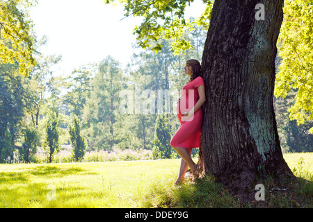 The young pregnant woman has a rest in park Stock Photo