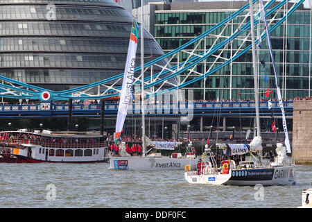 London, UK. 01st Sep, 2013. London is to host the start and finish of the 2013-14 edition of the Clipper Round the World Yacht Race, leaving the capital on 1 September 2013 and not returning until July 2014 after racing 40,000 miles visiting 14 ports on six continents in the world’s longest ocean race.  The event will see the debut of the third generation Clipper 70 ocean racing yacht, that was launched earlier in the year at St Katharine Docks. © Ashok Saxena/Alamy Live News Stock Photo