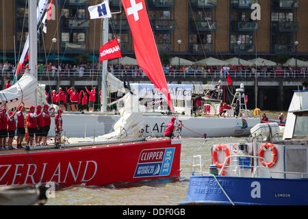 London, UK. 01st Sep, 2013. London is to host the start and finish of the 2013-14 edition of the Clipper Round the World Yacht Race, leaving the capital on 1 September 2013 and not returning until July 2014 after racing 40,000 miles visiting 14 ports on six continents in the world’s longest ocean race.  The event will see the debut of the third generation Clipper 70 ocean racing yacht, that was launched earlier in the year at St Katharine Docks. © Ashok Saxena/Alamy Live News Stock Photo