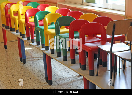 Nice little chairs on the tables of the refectory of asylum during the cleaning Stock Photo