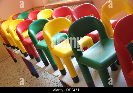 Nice little chairs on the tables of the refectory of asylum during the cleaning 2 Stock Photo