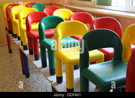 Nice little chairs on the tables of the refectory of asylum during the cleaning 3 Stock Photo