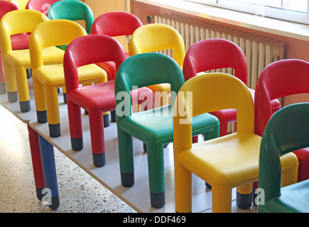 Nice little chairs on the tables of the refectory of asylum 6 Stock Photo