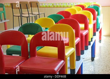 Nice little chairs on the tables of the refectory of asylum 7 Stock Photo