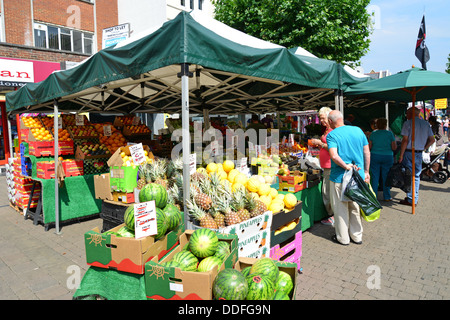 Fruit stall in street market, High Street, Staines-upon-Thames, Surrey, England, United Kingdom Stock Photo