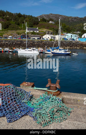 Harbor with boats, harbour with yachts and blue sea and sky, Gairloch, Northwest Scotland Stock Photo