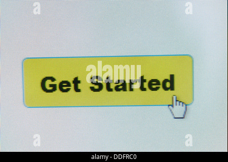 Get started button and mouse cursor on computer screen Stock Photo