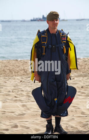 Member of the Tigers Freefall Parachute Display Team, British Army's Tigers standing on the beach, Bournemouth Air Festival, Dorset UK September 2013 Stock Photo