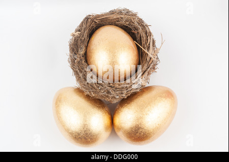 A golden egg in the bird nest with two eggs beside it Stock Photo