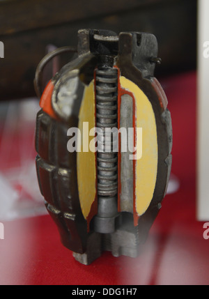 Hand grenade, Mills Bomb hand grenade, cut away showing the inner workings of the grenade Stock Photo