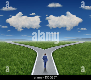 Business guidance questions and career path as a business person walking to a crossroad highway with two clouds shaped as arrows pointing in opposite directions on a blue summer sky and grass representing financial advice guide and looking for answers. Stock Photo