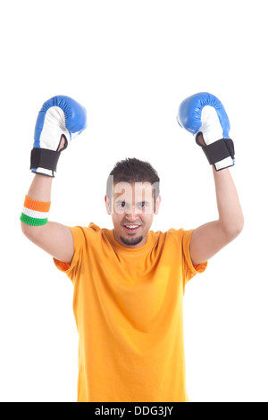 Portrait of Indian male young boxing player with arms up isolated over white background Stock Photo