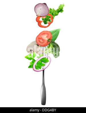 Fresh Vegetables On A Fork Isolated On White Stock Photo
