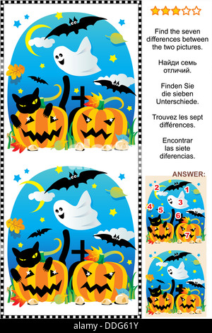 Visual puzzle: Find the seven differences between the two Halloween pictures. Answer included. Stock Photo