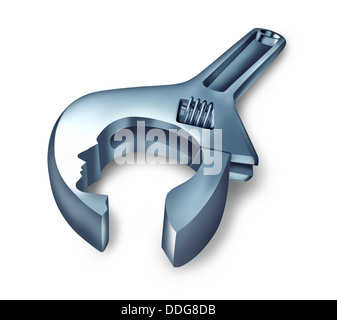 Psychotherapy health care concept with a metal wrench in the shape of a human head as a medicine or medical symbol of brain therapy or neurology surgery representing the study of psychiatry and psychology on a white background. Stock Photo