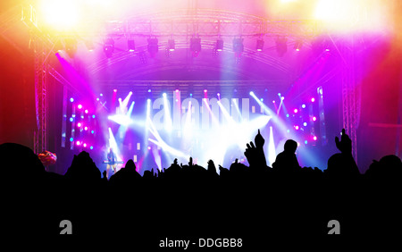 People in the audience with hands up having fun at a music concert / disco party. Stock Photo