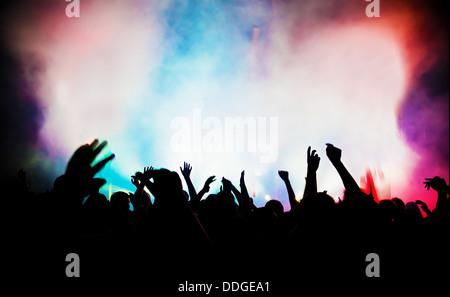 Crowd of people with hands up having fun at a nightclub / music concert or festival. Stock Photo
