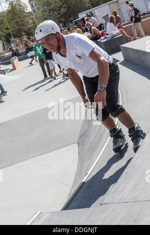 airborne skateboarder, Plainpalais skatepark, Geneva, Switzerland Stock Photo