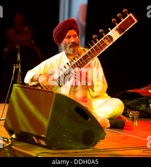 Sitar player with Ustaad Abid Hussain performing at the 2013 Alchemy Festival, Southbank Centre, London, England. UK. Stock Photo