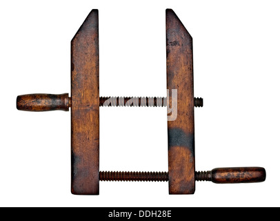 vintage hand screw wooden clamp isolated on white background, clipping path Stock Photo