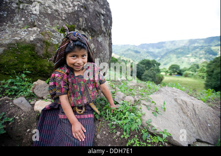 Guatemala indigenous girl in guipil and corte (maya traditional cloting) in Tiera Linda, Solola, Guatemala. Stock Photo