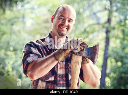 portrait of lumberjack in nature Stock Photo