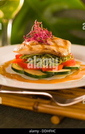 Hawaii Regional Cuisine, fine dining entree, grilled Mahimahi, Dorado Stock Photo