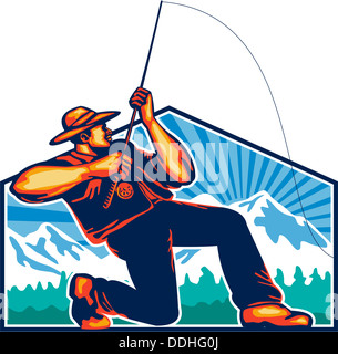 Illustration of a fly fisherman fishing casting rod and reel reeling viewed from with trees and snow mountains in background done in retro style Stock Photo