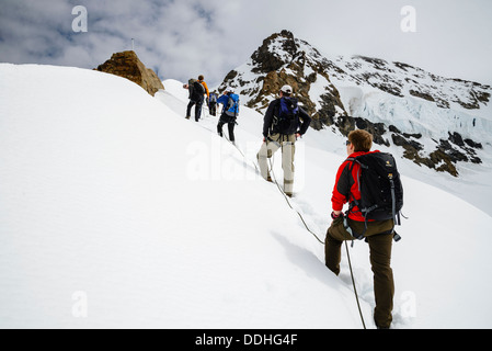 Climbers on the ridge of the Jungfraujoch, near Grindelwald Switzerland, with the south-west ridge of the Monch behind Stock Photo