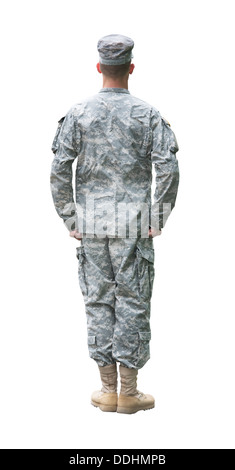 US Army soldier in Attention position. Back view, isolated on white background Stock Photo