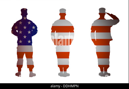 US Army soldier's silhouette in three positions Parade rest, Attention, Saluting. Collage, isolated on white background Stock Photo